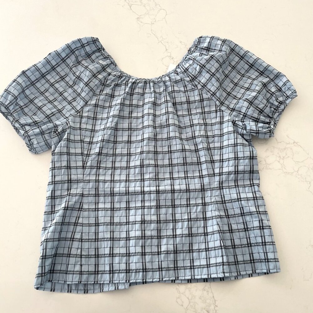 J. Crew Plaid Puffed Sleeve Deep V-Back Blouse in Blue Plaid NWT